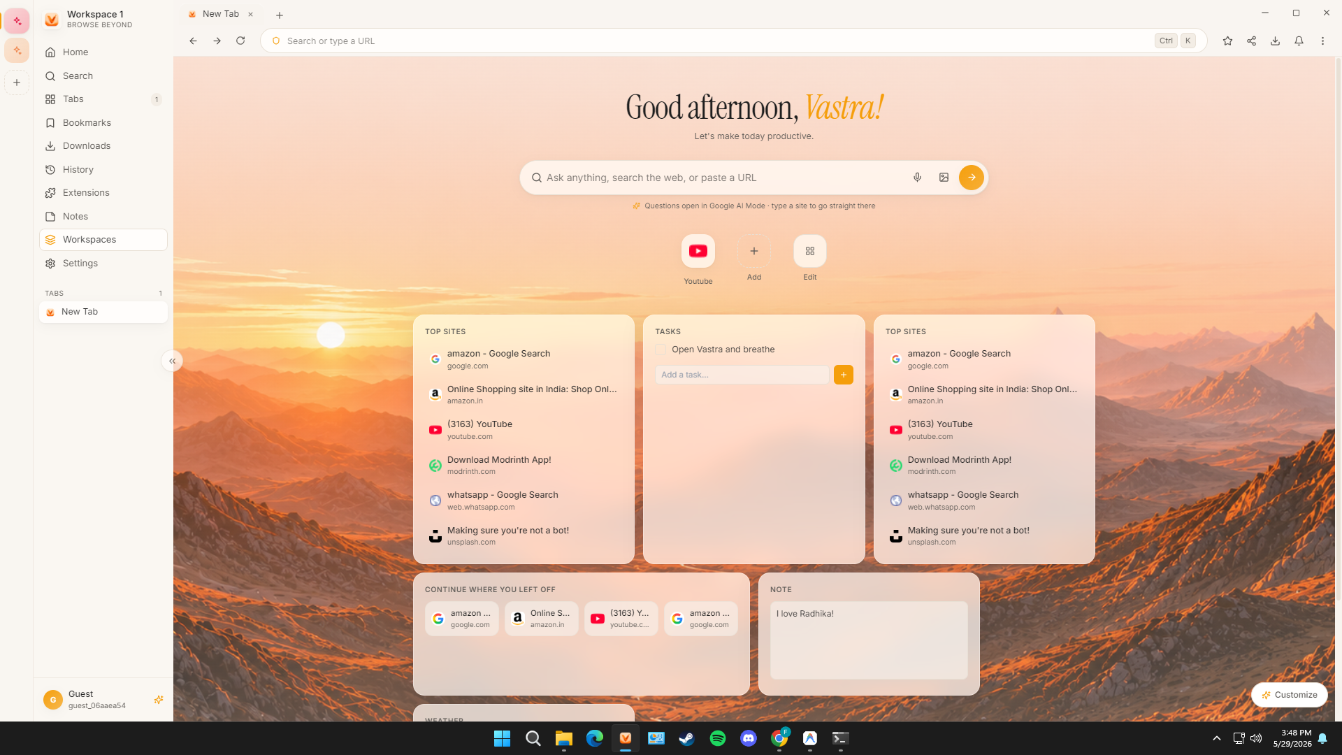 Vastra browser home screen